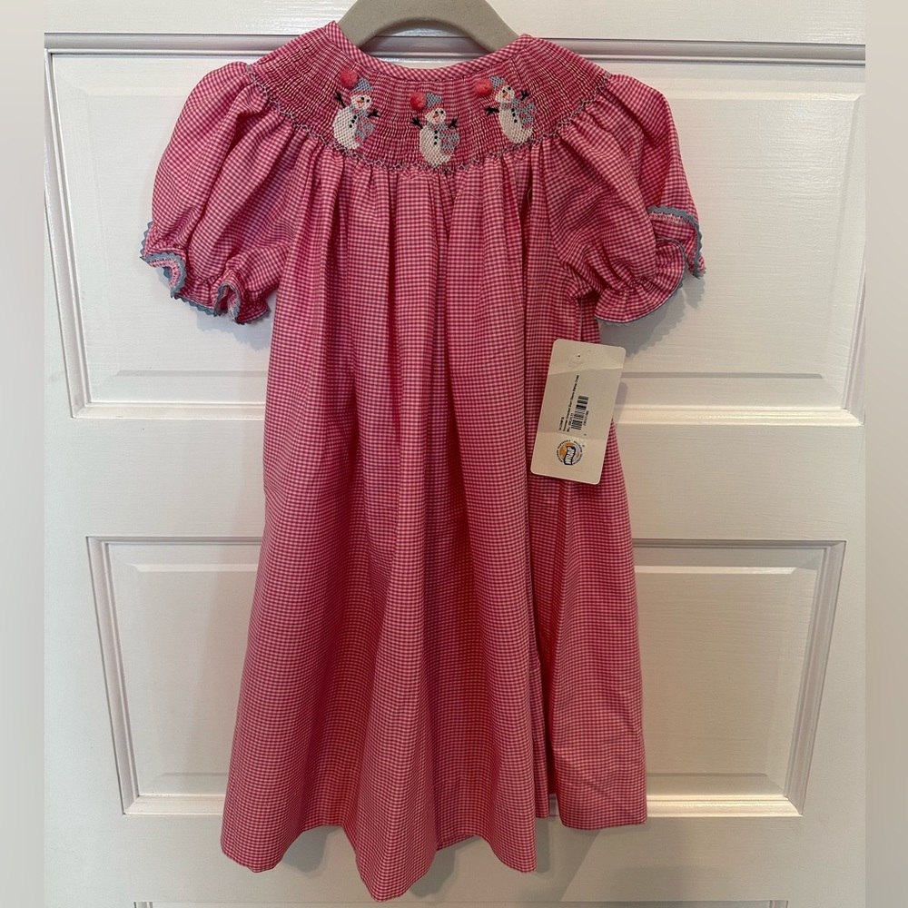 NWT Pink Gingham Snowman Smocked Dress